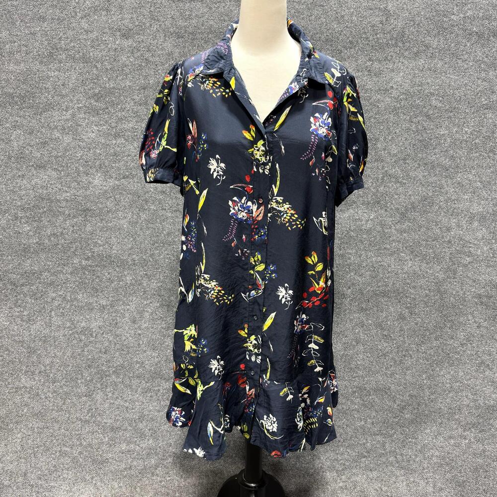 Tanya Taylor Aliciana Dress Womens 14 Blue Floral Silk Shirt Puff Sleeve Ruffle